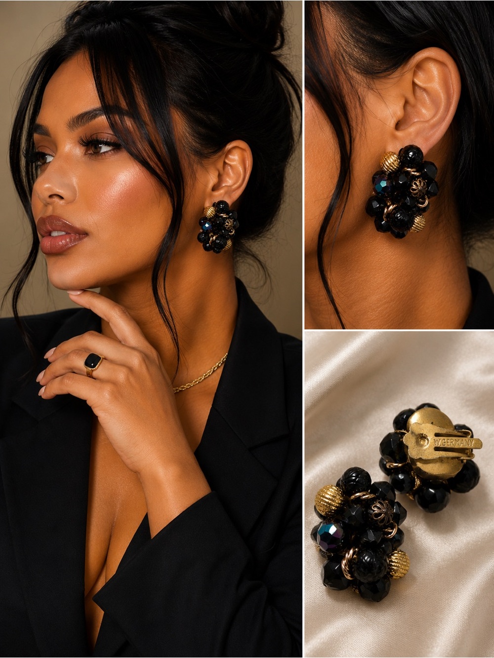 ✨ Vintage W Germany Black Beaded Cluster Clip On Earrings✨